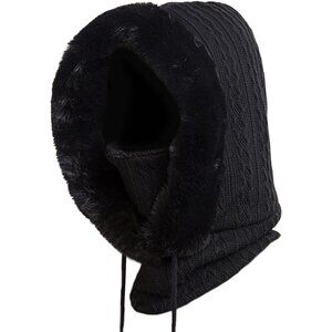 Women Black Polyester Warm Thick Fluff Beanie Adult Neck Face Winter Balaclava